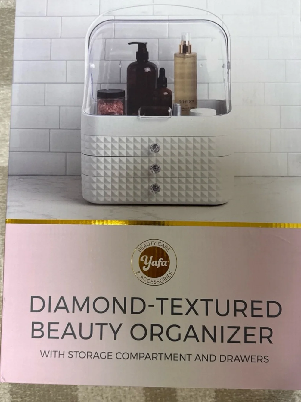 NWT Yafa White Diamond-Textured Beauty Organizer with Drawers